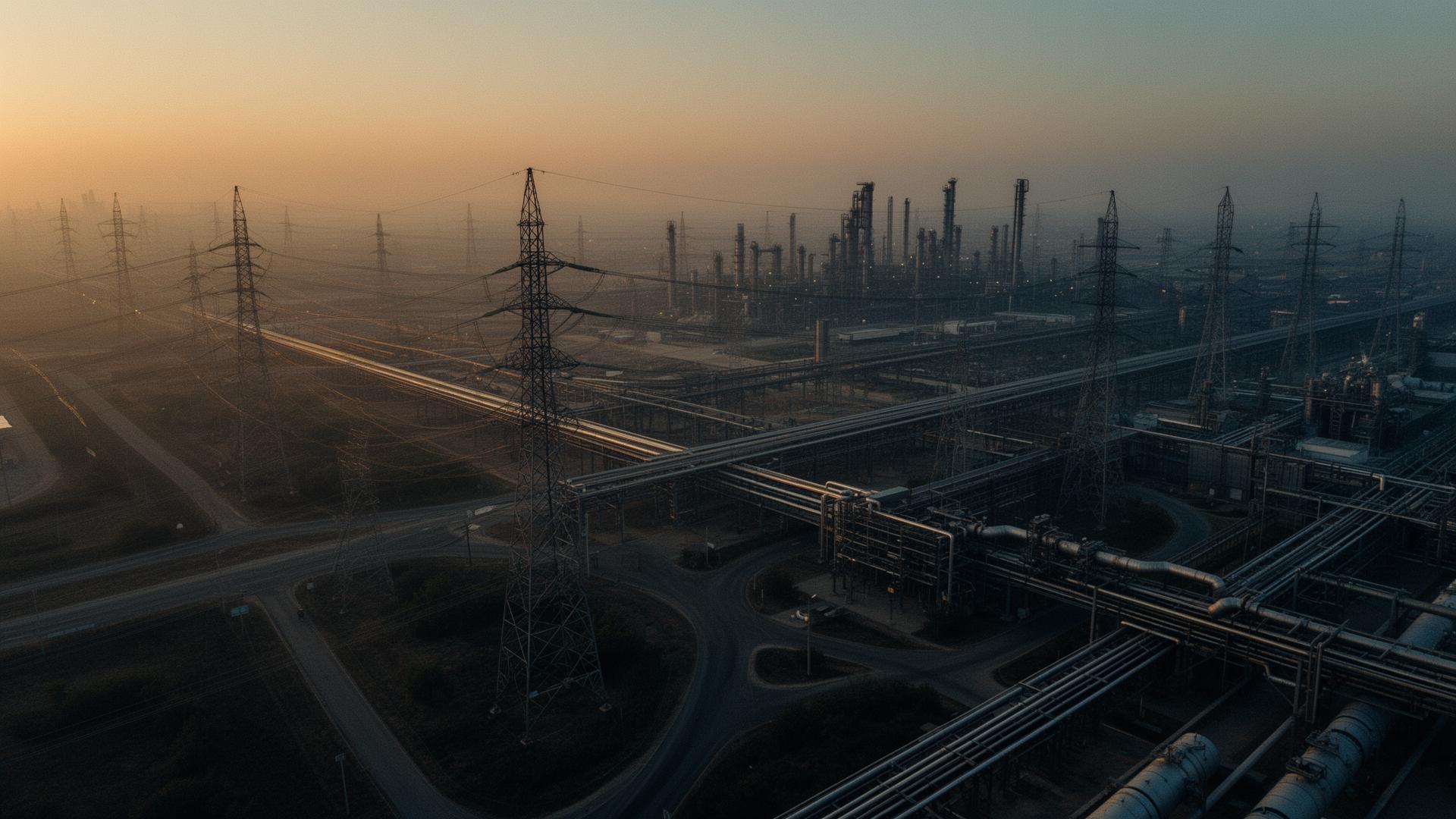 Vista aérea cinematográfica de infraestructura energética e industrial al atardecer